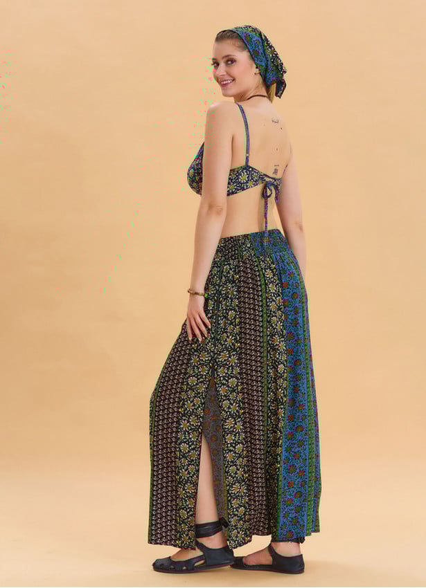 Navy Blue Long Skirt with Elastic Waist and Deep Slit 4502